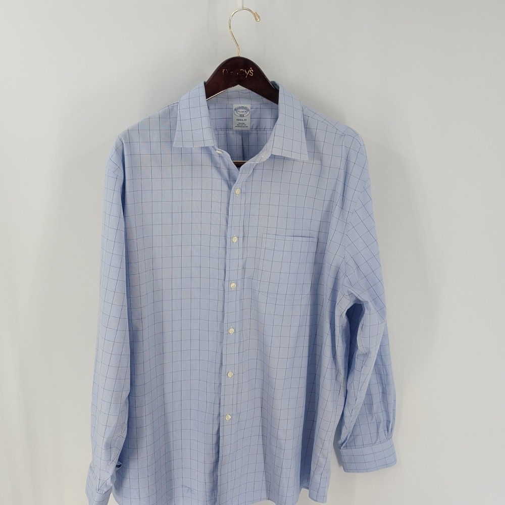 Brooks Brothers Regular Fit Checkered Button-Up Dress Shirt‎ Light Blue 34/35
